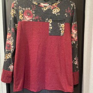 Twelve Months Women's Long Sleeve Floral and Burgundy Top Size Small